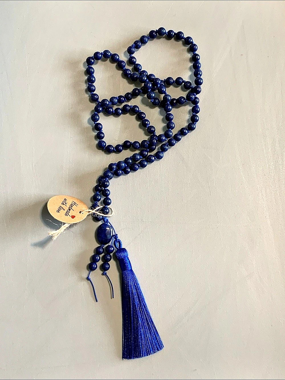 Handmade Lapis Gemstone Beaded Mala Tassel Necklace